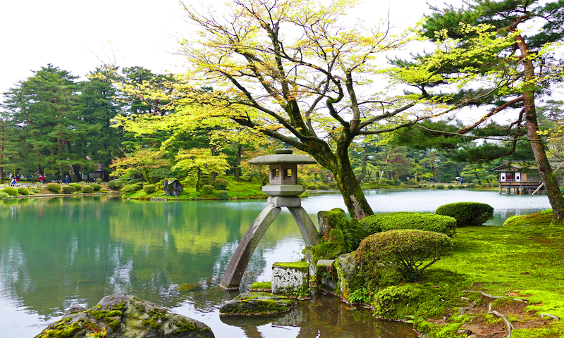 Scenic Traditional Japanese Garden Kenrokuen in Kanazawa, Japan in Summer