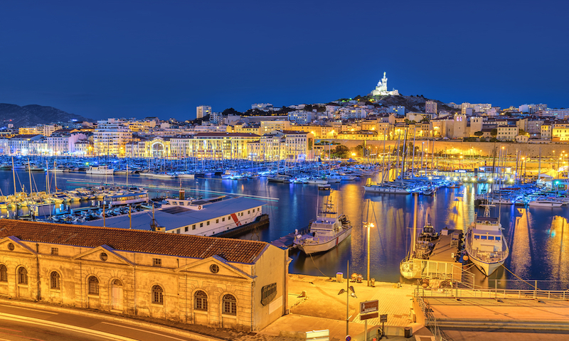 Marseille night city skyline at harbour, Marseille, France